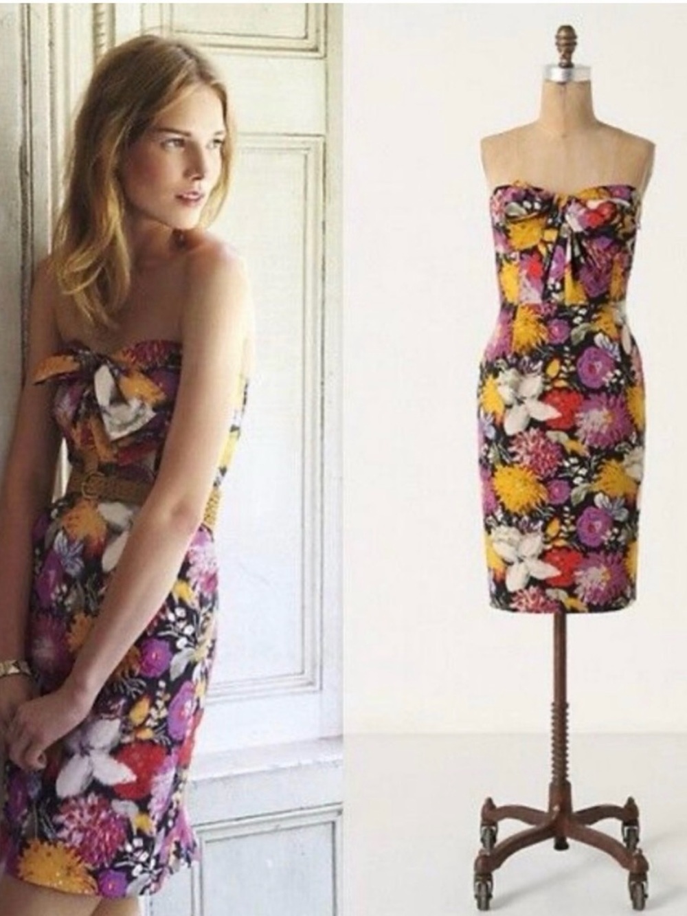 Moulinette soeurs Anthroplogie Strapless Floral Sheath Dress in Multi-Color